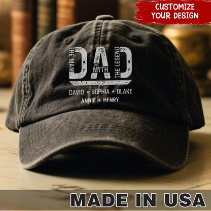 Dad Man Myth Legend Custom Name Wash Denim Cap (Print in USA)
