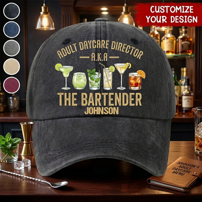 AKA Bartender Custom Name Wash Denim Cap (Print in USA)