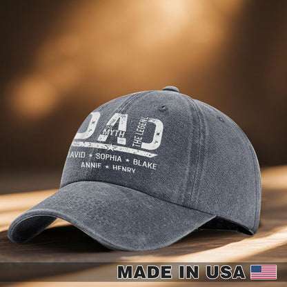 Dad Man Myth Legend Custom Name Wash Denim Cap (Print in USA)