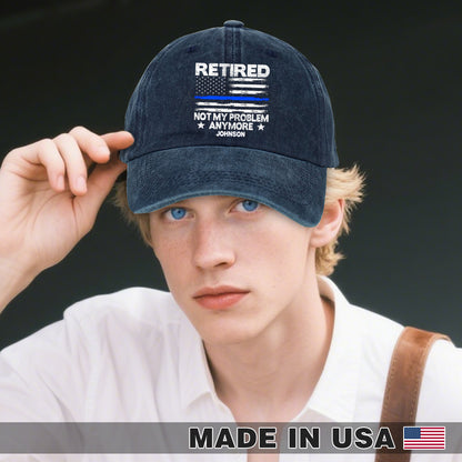Police Retired Custom Name Wash Denim Cap (Print in USA)