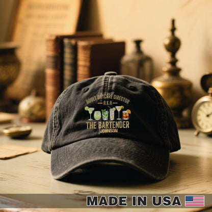 AKA Bartender Custom Name Wash Denim Cap (Print in USA)