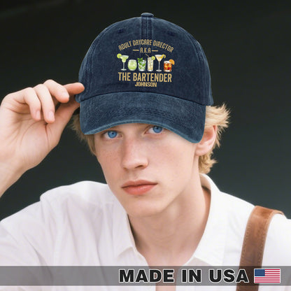 AKA Bartender Custom Name Wash Denim Cap (Print in USA)
