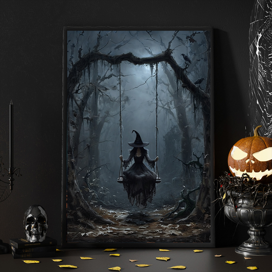 Witch Swinging Halloween Poster/Canvas (Print in USA)